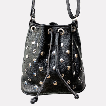 MIGNONETTE CUIR GRAINE NOIR CLOUTE ARGENT | Mini Sac Bourse en cuir